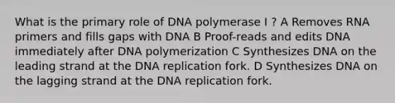 What is the primary role of DNA polymerase I ? A Removes RNA primers and fills gaps with DNA B Proof-reads and edits DNA immediately after DNA polymerization C Synthesizes DNA on the leading strand at the DNA replication fork. D Synthesizes DNA on the lagging strand at the DNA replication fork.