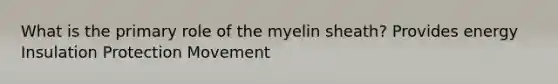 What is the primary role of the myelin sheath? Provides energy Insulation Protection Movement