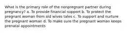 What is the primary role of the nonpregnant partner during pregnancy? a. To provide financial support b. To protect the pregnant woman from old wives tales c. To support and nurture the pregnant woman d. To make sure the pregnant woman keeps prenatal appointments