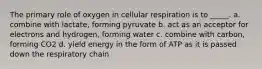 The primary role of oxygen in cellular respiration is to _____. a. combine with lactate, forming pyruvate b. act as an acceptor for electrons and hydrogen, forming water c. combine with carbon, forming CO2 d. yield energy in the form of ATP as it is passed down the respiratory chain