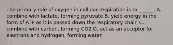 The primary role of oxygen in <a href='https://www.questionai.com/knowledge/k1IqNYBAJw-cellular-respiration' class='anchor-knowledge'>cellular respiration</a> is to ______. A. combine with lactate, forming pyruvate B. yield energy in the form of ATP as it is passed down the respiratory chain C. combine with carbon, forming CO2 D. act as an acceptor for electrons and hydrogen, forming water