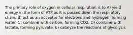 The primary role of oxygen in cellular respiration is to A) yield energy in the form of ATP as it is passed down the respiratory chain. B) act as an acceptor for electrons and hydrogen, forming water. C) combine with carbon, forming CO2. D) combine with lactate, forming pyruvate. E) catalyze the reactions of glycolysis