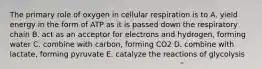 The primary role of oxygen in cellular respiration is to A. yield energy in the form of ATP as it is passed down the respiratory chain B. act as an acceptor for electrons and hydrogen, forming water C. combine with carbon, forming CO2 D. combine with lactate, forming pyruvate E. catalyze the reactions of glycolysis