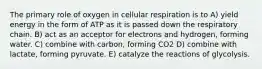 The primary role of oxygen in cellular respiration is to A) yield energy in the form of ATP as it is passed down the respiratory chain. B) act as an acceptor for electrons and hydrogen, forming water. C) combine with carbon, forming CO2 D) combine with lactate, forming pyruvate. E) catalyze the reactions of glycolysis.