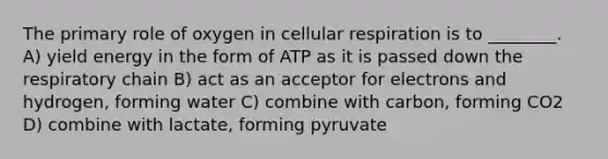 The primary role of oxygen in cellular respiration is to ________. A) yield energy in the form of ATP as it is passed down the respiratory chain B) act as an acceptor for electrons and hydrogen, forming water C) combine with carbon, forming CO2 D) combine with lactate, forming pyruvate