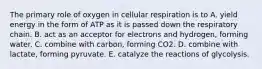 The primary role of oxygen in cellular respiration is to A. yield energy in the form of ATP as it is passed down the respiratory chain. B. act as an acceptor for electrons and hydrogen, forming water. C. combine with carbon, forming CO2. D. combine with lactate, forming pyruvate. E. catalyze the reactions of glycolysis.