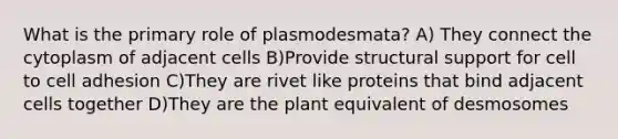 What is the primary role of plasmodesmata? A) They connect the cytoplasm of adjacent cells B)Provide structural support for cell to cell adhesion C)They are rivet like proteins that bind adjacent cells together D)They are the plant equivalent of desmosomes