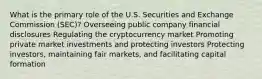 What is the primary role of the U.S. Securities and Exchange Commission (SEC)? Overseeing public company financial disclosures Regulating the cryptocurrency market Promoting private market investments and protecting investors Protecting investors, maintaining fair markets, and facilitating capital formation