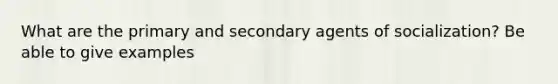 What are the primary and secondary agents of socialization? Be able to give examples