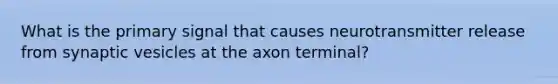 What is the primary signal that causes neurotransmitter release from synaptic vesicles at the axon terminal?