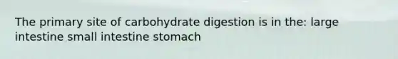 The primary site of carbohydrate digestion is in the: large intestine small intestine stomach