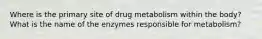 Where is the primary site of drug metabolism within the body? What is the name of the enzymes responsible for metabolism?