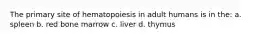 The primary site of hematopoiesis in adult humans is in the: a. spleen b. red bone marrow c. liver d. thymus