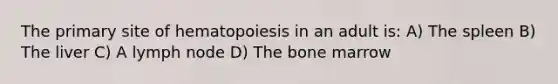 The primary site of hematopoiesis in an adult is: A) The spleen B) The liver C) A lymph node D) The bone marrow