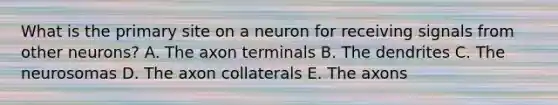 What is the primary site on a neuron for receiving signals from other neurons? A. The axon terminals B. The dendrites C. The neurosomas D. The axon collaterals E. The axons