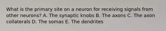 What is the primary site on a neuron for receiving signals from other neurons? A. The synaptic knobs B. The axons C. The axon collaterals D. The somas E. The dendrites