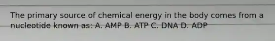 The primary source of chemical energy in the body comes from a nucleotide known as: A. AMP B. ATP C. DNA D. ADP