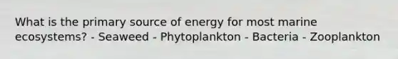 What is the primary source of energy for most marine ecosystems? - Seaweed - Phytoplankton - Bacteria - Zooplankton