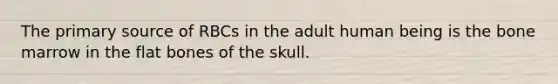 The primary source of RBCs in the adult human being is the bone marrow in the flat bones of the skull.