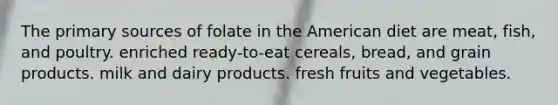 The primary sources of folate in the American diet are meat, fish, and poultry. enriched ready-to-eat cereals, bread, and grain products. milk and dairy products. fresh fruits and vegetables.