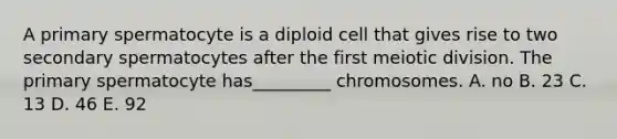 A primary spermatocyte is a diploid cell that gives rise to two secondary spermatocytes after the first meiotic division. The primary spermatocyte has_________ chromosomes. A. no B. 23 C. 13 D. 46 E. 92