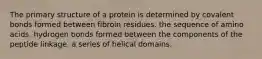 The primary structure of a protein is determined by covalent bonds formed between fibroin residues. the sequence of amino acids. hydrogen bonds formed between the components of the peptide linkage. a series of helical domains.