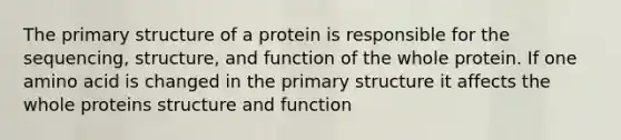 The primary structure of a protein is responsible for the sequencing, structure, and function of the whole protein. If one amino acid is changed in the primary structure it affects the whole proteins structure and function