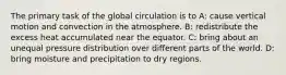 The primary task of the global circulation is to A: cause vertical motion and convection in the atmosphere. B: redistribute the excess heat accumulated near the equator. C: bring about an unequal pressure distribution over different parts of the world. D: bring moisture and precipitation to dry regions.