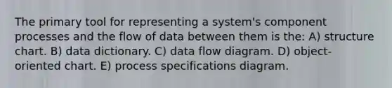 The primary tool for representing a system's component processes and the flow of data between them is the: A) structure chart. B) data dictionary. C) data flow diagram. D) object-oriented chart. E) process specifications diagram.