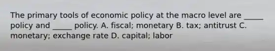 The primary tools of economic policy at the macro level are _____ policy and _____ policy. A. fiscal; monetary B. tax; antitrust C. monetary; exchange rate D. capital; labor