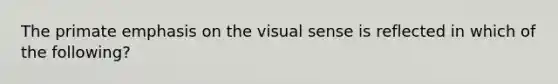 The primate emphasis on the visual sense is reflected in which of the following?