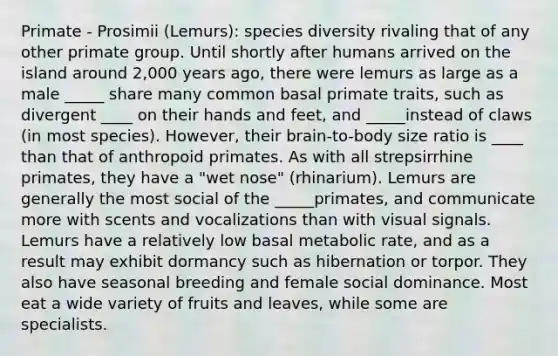 Primate - Prosimii (Lemurs): species diversity rivaling that of any other primate group. Until shortly after humans arrived on the island around 2,000 years ago, there were lemurs as large as a male _____ share many common basal primate traits, such as divergent ____ on their hands and feet, and _____instead of claws (in most species). However, their brain-to-body size ratio is ____ than that of anthropoid primates. As with all strepsirrhine primates, they have a "wet nose" (rhinarium). Lemurs are generally the most social of the _____primates, and communicate more with scents and vocalizations than with visual signals. Lemurs have a relatively low basal metabolic rate, and as a result may exhibit dormancy such as hibernation or torpor. They also have seasonal breeding and female social dominance. Most eat a wide variety of fruits and leaves, while some are specialists.