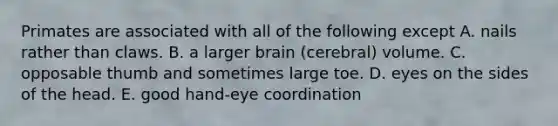 Primates are associated with all of the following except A. nails rather than claws. B. a larger brain (cerebral) volume. C. opposable thumb and sometimes large toe. D. eyes on the sides of the head. E. good hand-eye coordination