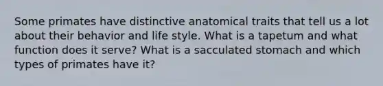 Some primates have distinctive anatomical traits that tell us a lot about their behavior and life style. What is a tapetum and what function does it serve? What is a sacculated stomach and which types of primates have it?