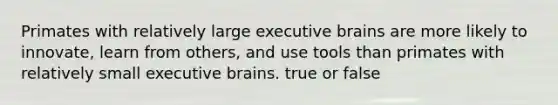 Primates with relatively large executive brains are more likely to innovate, learn from others, and use tools than primates with relatively small executive brains. true or false