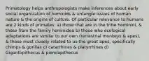 Primatology helps anthropologists make inferences about early social organization of hominids & untangle issues of human nature & the origins of culture. Of particular relevance to humans are 2 kinds of primates: a) those that are in the tribe hominini, & those from the family hominidea b) those who ecological adaptations are similar to our own (terrestrial monkeys & apes), & those most closely related to us-the great apes, specifically chimps & gorillas c) catarrhines & platyrrhines d) Gigantopithecus & pierolapithecus