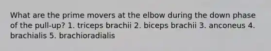 What are the prime movers at the elbow during the down phase of the pull-up? 1. triceps brachii 2. biceps brachii 3. anconeus 4. brachialis 5. brachioradialis