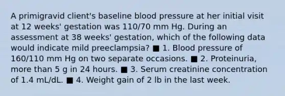 A primigravid client's baseline blood pressure at her initial visit at 12 weeks' gestation was 110/70 mm Hg. During an assessment at 38 weeks' gestation, which of the following data would indicate mild preeclampsia? ■ 1. Blood pressure of 160/110 mm Hg on two separate occasions. ■ 2. Proteinuria, more than 5 g in 24 hours. ■ 3. Serum creatinine concentration of 1.4 mL/dL. ■ 4. Weight gain of 2 lb in the last week.