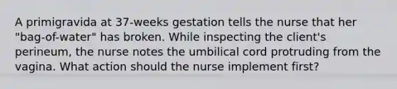 A primigravida at 37-weeks gestation tells the nurse that her "bag-of-water" has broken. While inspecting the client's perineum, the nurse notes the umbilical cord protruding from the vagina. What action should the nurse implement first?