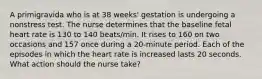 A primigravida who is at 38 weeks' gestation is undergoing a nonstress test. The nurse determines that the baseline fetal heart rate is 130 to 140 beats/min. It rises to 160 on two occasions and 157 once during a 20-minute period. Each of the episodes in which the heart rate is increased lasts 20 seconds. What action should the nurse take?