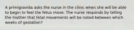 A primigravida asks the nurse in the clinic when she will be able to begin to feel the fetus move. The nurse responds by telling the mother that fetal movements will be noted between which weeks of gestation?