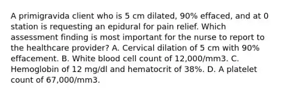 A primigravida client who is 5 cm dilated, 90% effaced, and at 0 station is requesting an epidural for pain relief. Which assessment finding is most important for the nurse to report to the healthcare provider? A. Cervical dilation of 5 cm with 90% effacement. B. White blood cell count of 12,000/mm3. C. Hemoglobin of 12 mg/dl and hematocrit of 38%. D. A platelet count of 67,000/mm3.