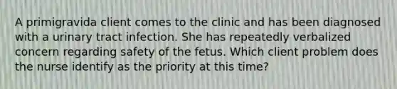 A primigravida client comes to the clinic and has been diagnosed with a urinary tract infection. She has repeatedly verbalized concern regarding safety of the fetus. Which client problem does the nurse identify as the priority at this time?