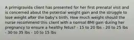 A primigravida client has presented for her first prenatal visit and is concerned about the potential weight gain and the struggle to lose weight after the baby's birth. How much weight should the nurse recommend this client with a normal BMI gain during her pregnancy to ensure a healthy fetus? - 15 to 20 lbs - 20 to 25 lbs - 30 to 35 lbs - 10 to 15 lbs