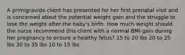 A primigravida client has presented for her first prenatal visit and is concerned about the potential weight gain and the struggle to lose the weight after the baby's birth. How much weight should the nurse recommend this client with a normal BMI gain during her pregnancy to ensure a healthy fetus? 15 to 20 lbs 20 to 25 lbs 30 to 35 lbs 10 to 15 lbs