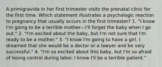 A primigravida in her first trimester visits the prenatal clinic for the first time. Which statement illustrates a psychologic reaction to pregnancy that usually occurs in the first trimester? 1. "I know I'm going to be a terrible mother—I'll forget the baby when I go out." 2. "I'm excited about the baby, but I'm not sure that I'm ready to be a mother." 3. "I know I'm going to have a girl. I dreamed that she would be a doctor or a lawyer and be very successful." 4. "I'm so excited about this baby, but I'm so afraid of losing control during labor. I know I'll be a terrible patient."