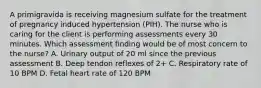 A primigravida is receiving magnesium sulfate for the treatment of pregnancy induced hypertension (PIH). The nurse who is caring for the client is performing assessments every 30 minutes. Which assessment finding would be of most concern to the nurse? A. Urinary output of 20 ml since the previous assessment B. Deep tendon reflexes of 2+ C. Respiratory rate of 10 BPM D. Fetal heart rate of 120 BPM