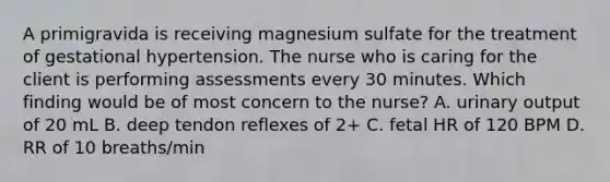 A primigravida is receiving magnesium sulfate for the treatment of gestational hypertension. The nurse who is caring for the client is performing assessments every 30 minutes. Which finding would be of most concern to the nurse? A. urinary output of 20 mL B. deep tendon reflexes of 2+ C. fetal HR of 120 BPM D. RR of 10 breaths/min