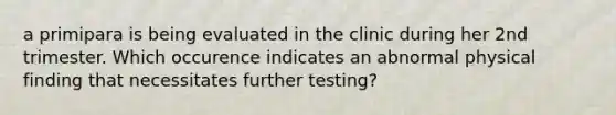 a primipara is being evaluated in the clinic during her 2nd trimester. Which occurence indicates an abnormal physical finding that necessitates further testing?