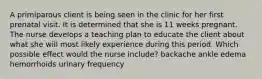 A primiparous client is being seen in the clinic for her first prenatal visit. It is determined that she is 11 weeks pregnant. The nurse develops a teaching plan to educate the client about what she will most likely experience during this period. Which possible effect would the nurse include? backache ankle edema hemorrhoids urinary frequency